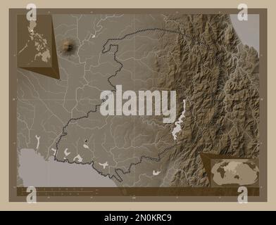 Bulacan, province of Philippines. Elevation map colored in sepia tones with lakes and rivers. Corner auxiliary location maps Stock Photo