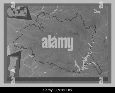 Evora, district of Portugal. Grayscale elevation map with lakes and rivers. Corner auxiliary location maps Stock Photo