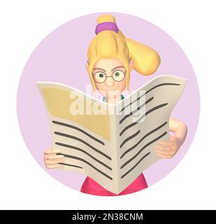 Girl in pink reading a newspaper sitting on a chair, isolated. Reading news 3d-rendering. Stock Photo