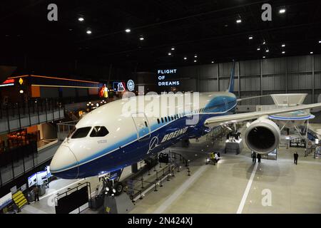 A Boeing 787 Dreamliner at the Flight of Dreams section of the Chubu Centrair International Airport near Nagoya, Japan. Stock Photo