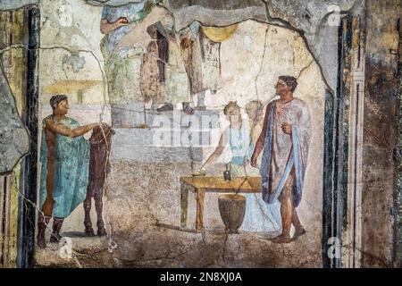 Close up of well preserved frescoes in the Casa Degli Amorini in the ruins of Pompeii Stock Photo