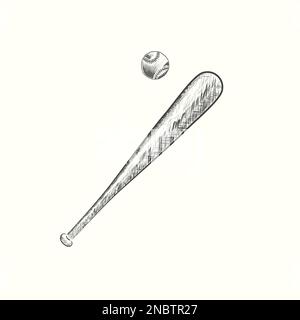 hand drawn baseball bat and ball vector illustration in black, detailed in vintage style Stock Vector