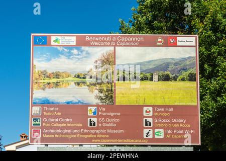 billboard information of the local points of interest on the route of the Via Francigena road - Capannori village at Lucca province, Tuscany, Italy Stock Photo