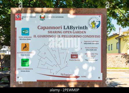 Capannori village at Lucca province, Tuscany, Italy: billboard information of the local points of interest on the route of the Via Francigena road Stock Photo