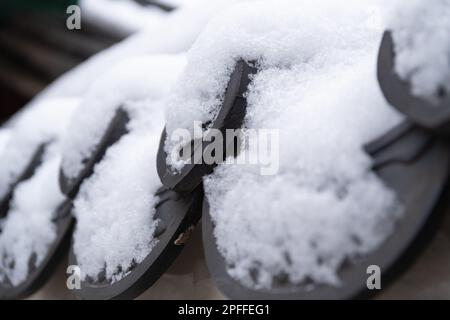 snow covered Korean traditional roof tile Stock Photo