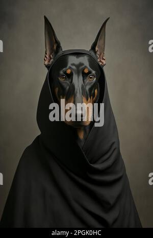 An AI generated illustration of a Doberman dog with a cute sad face on a  blurred snow background Stock Photo - Alamy