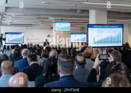 New York, USA. 29th Mar, 2023. CEO of EnHealth and Executive Dean for EnMed at Texas A&M University Roderic Pettigrew, Ph.D., M.D. speaks at Grand opening of Center for Engeneering and Precision Medicine in New York on March 29, 2023. (Photo by Lev Radin/Sipa USA) Credit: Sipa USA/Alamy Live News Stock Photo