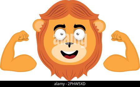 vector illustration face of a cartoon lion with a cheerful expression, showing the biceps of the arms Stock Vector