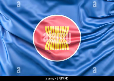 Ruffled Flag of Association of Southeast Asian Nations (ASEAN). 3D Rendering Stock Photo