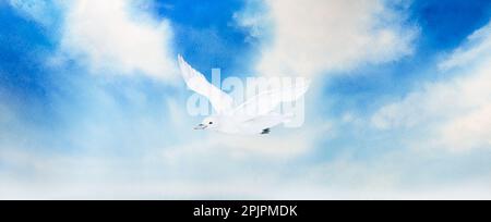 watercolor illustration of landscape, blue sky with white clouds and white seagull Stock Photo