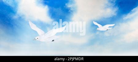 watercolor illustration of landscape, blue sky with white clouds and white seagull Stock Photo