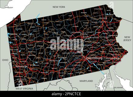 High detailed Pennsylvania road map with labeling. Stock Vector