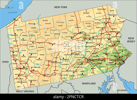 High detailed Pennsylvania physical map with labeling. Stock Vector