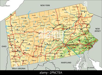 High detailed Pennsylvania physical map with labeling. Stock Vector