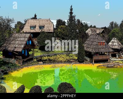 Stanisici, Bijelina, Bosnia and Herzegovina. April 25, 2021 Ethno-village, traditional village houses made of logs, Bosnian style of construction in the highlands. Lake with water.Wooden architecture. Stock Photo