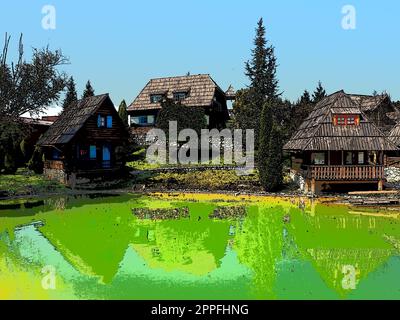 Stanisici, Bijelina, Bosnia and Herzegovina. April 25, 2021 Ethno-village, traditional village houses made of logs, Bosnian style of construction in the highlands. Lake with water.Wooden architecture. Stock Photo