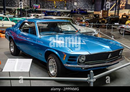 SINSHEIM, GERMANY - MAI 2022: blue coupe Ford Mustang coupe 1970 Stock Photo