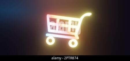 Horizontal banner with dark background. Glowing shopping cart icon. Night shopping, online shopping or mail order concept Stock Photo