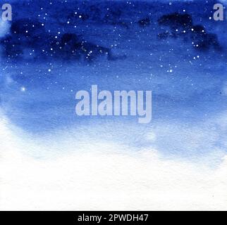 hand draw watercolor blue night sky with stars, illustration of sky, colorfull brush stain, painted gradient with spot, bacground for text Stock Photo