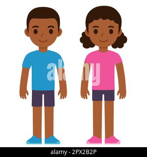 Cute cartoon Black boy in blue shirt and girl in pink shirt. Children in traditional gender clothes color. Simple flat vector illustration. Stock Vector