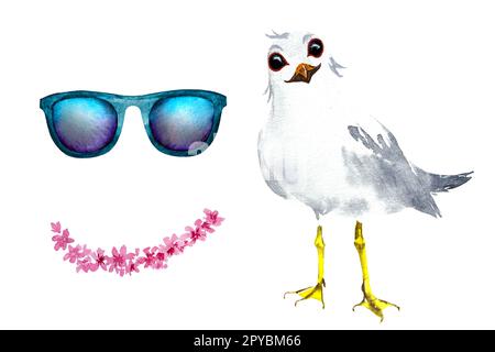 Watercolor illustration of a cartoon seagull. Seagull with glasses, watercolor drawing, on a white background. Stock Photo