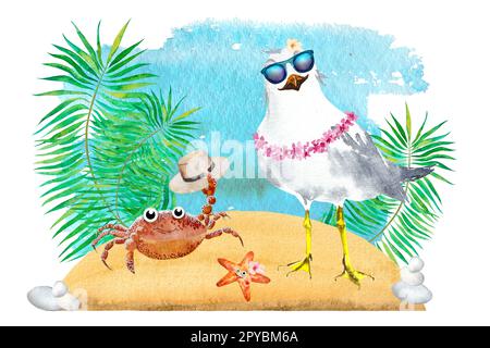 Watercolor illustration of a cartoon seagull, crab and starfish. A seagull with glasses, a crab and a star on the beach, tropics, watercolor drawing, Stock Photo