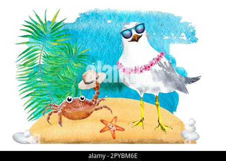 Watercolor illustration of a cartoon seagull, crab and starfish. A seagull with glasses, a crab and a star on the beach, tropics, watercolor drawing, Stock Photo