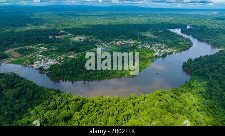 Aerial of the Suriname river at Pokigron, Suriname Stock Photo