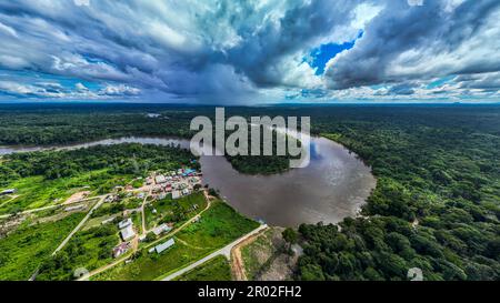 Aerial of the Suriname river at Pokigron, Suriname Stock Photo