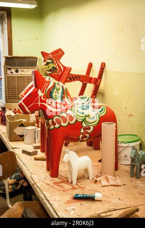 view into one of the rooms in the famous manufactory for dala horses in Nusnas, Dalarna, Sweden Stock Photo