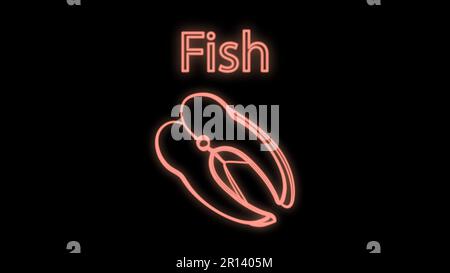 salmon on a black background, vector illustration, neon. a piece of pink smoked salmon. neon sign in pink. illumination, decor for a cafe and restaura Stock Vector