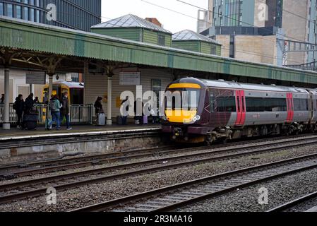 An EMR East Midlands Railway Class 170 Turbostar train at Cardiff Central Railway Station, March 2023 Stock Photo