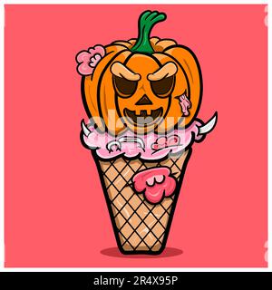 Mascot of Devil Ice Cream Pumpkins. Clip Art Vector. Vector and Illustration. Stock Vector