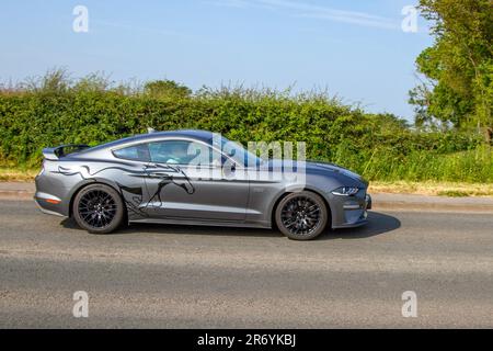 2022 Grey Ford Mustang GT Auto Pony Car with illustration; Classic & Performance Motor Show at Hoghton Tower; Supercar Showtime June 2023 Stock Photo