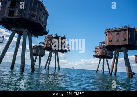 Whitstable, UK. 15th Aug, 2023. The Maunsell Forts seen with very serious structural defects and many of their parts fallen into the sea. Nowadays only the seagulls nest in them. The Maunsell Forts are armed towers built at the Thames and the Mersey Estuaries during the Second World War to defend the United Kingdom. They have been built 1942 - 1943 for anti-aircraft defense and to report to London about the German aircraft. They are all named after the designer Guy Maunsell. (Photo by Krisztian Elek/SOPA Images/Sipa USA) Credit: Sipa USA/Alamy Live News Stock Photo