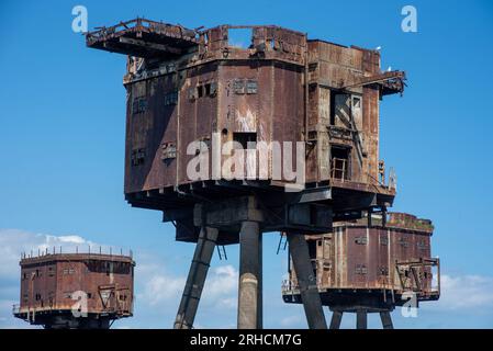 Whitstable, UK. 15th Aug, 2023. The Maunsell Forts seen with very serious structural defects and many of their parts fallen into the sea. Nowadays only the seagulls nest in them. The Maunsell Forts are armed towers built at the Thames and the Mersey Estuaries during the Second World War to defend the United Kingdom. They have been built 1942 - 1943 for anti-aircraft defense and to report to London about the German aircraft. They are all named after the designer Guy Maunsell. (Photo by Krisztian Elek/SOPA Images/Sipa USA) Credit: Sipa USA/Alamy Live News Stock Photo