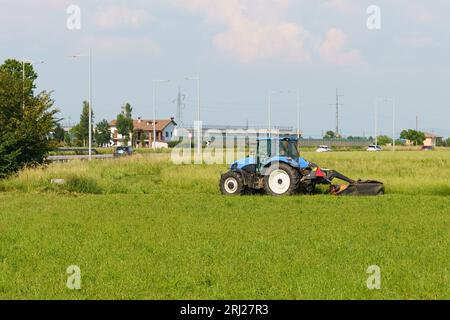 A farmer on a tractor mows green grass on a summer day, with a road and a house in the background. Stock Photo