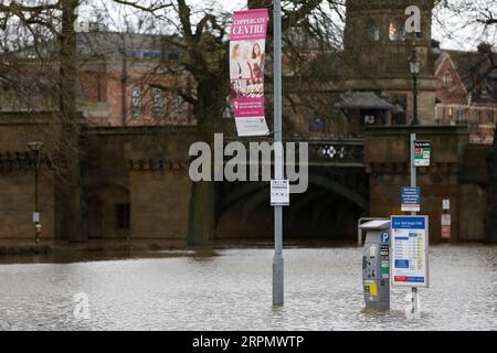 200218 -- BEIJING, Feb. 18, 2020 -- A parking lot is seen under flood water in York, Britain, Feb. 17, 2020. Storm Dennis shut down roads and flooded railway lines on Sunday as it lashed large parts of Britain with heavy rainfall and strong winds. Photo by Craig Brough/Xinhua XINHUA PHOTOS OF THE DAY KexLeigebulao PUBLICATIONxNOTxINxCHN Stock Photo