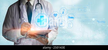 Doctor using tablet surrounded by futuristic medical icons, symbolizing digital healthcare innovation. Great for medical tech, telemedicine, and healt Stock Photo