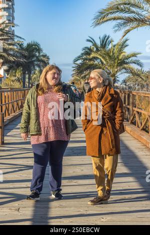 Two women are walking along a wooden boardwalk, engaged in a friendly conversation. Stock Photo