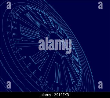 Blue clock with roman numerals on it. Stock Vector