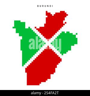 Burundi pixel flag map icon. 8 bit pixel art Burundian map covered with flag. Flat illustration isolated on white background. Stock Photo