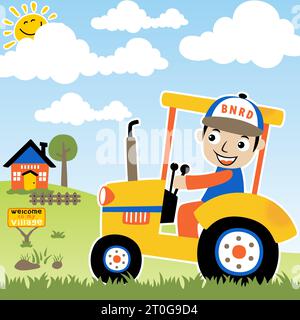 Young farmer on tractor in farm field, vector cartoon illustration Stock Vector