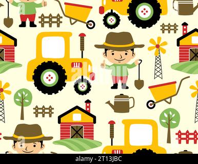 Seamless pattern vector of farmfield elements cartoon, little farmer holding shovel Stock Vector