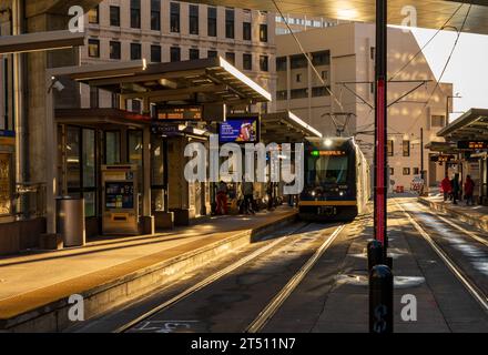 St. Paul, MN - 14 October 2023: Metro Transit rail car to Minneapolis in Central Station in Downtown Saint Paul Stock Photo