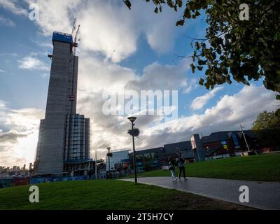 Walthamstow London UK, Two huge towers being built as part of  redevelopment of Walthamstow Mall, or 17&Central (17 and Central) in Selborne Walk Walthamstow. Owned by Capital & Regional and formerly known as Selborne Walk Shopping Centre and The Mall Walthamstow Stock Photo