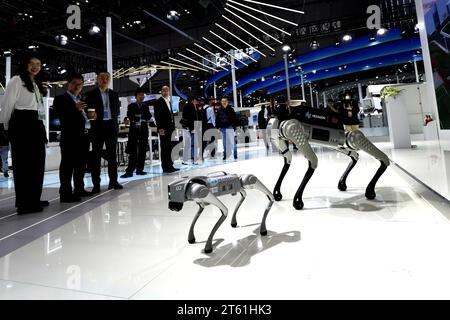 Shanghai. 7th Nov, 2023. Visitors watch the performance of Hexagon robot dogs at the intelligent industry and information technology exhibition zone of the 6th China International Import Expo (CIIE) in east China's Shanghai, Nov. 7, 2023. The artificial intelligence technology on display at the 6th CIIE attracted a lot of visitors. Credit: Zhang Jiansong/Xinhua/Alamy Live News Stock Photo