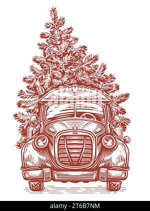 Vintage pickup truck and Christmas tree. Hand drawn sketch vector illustration engraving style Stock Vector