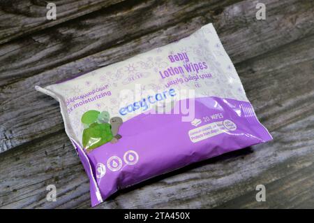 Cairo, Egypt, October 3 2023: Easy care baby lotion wipes, gently protects and moisturizes your baby's delicate skin, leaving it perfectly soft, wet w Stock Photo