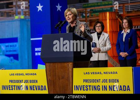 Las Vegas, USA. 08th Dec, 2023. Representative Susie Lee, D-NV 3rd District, speaks ahead of President Biden at the Carpenters International Training Center in Las Vegas, NV on Friday, December 8, 2023. (Travis P Ball/Sipa USA) Credit: Sipa USA/Alamy Live News Stock Photo